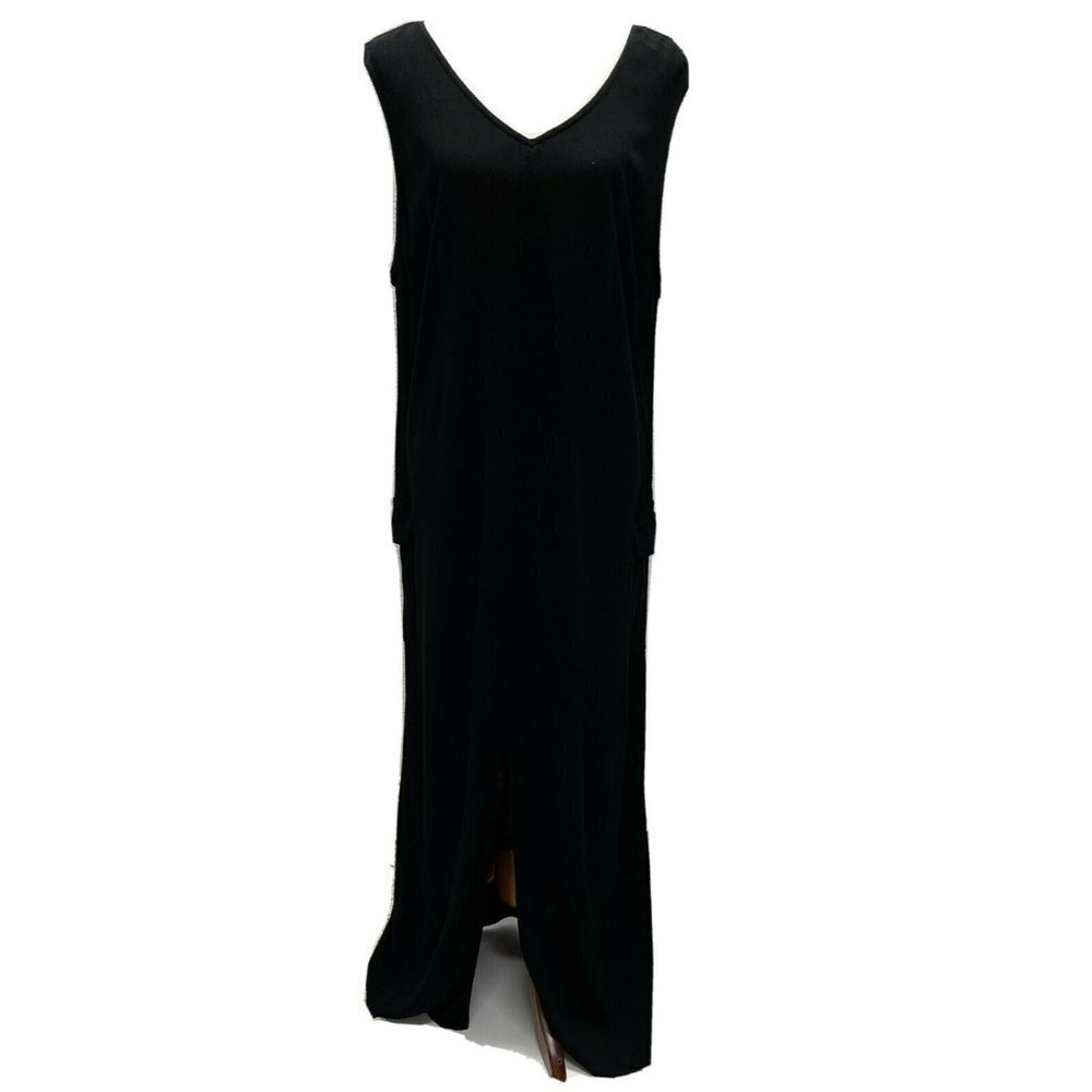 CAROLE LITTLE Womens Sz 14 Dress Rayon Sleeveless Maxi USA Black V-Neck